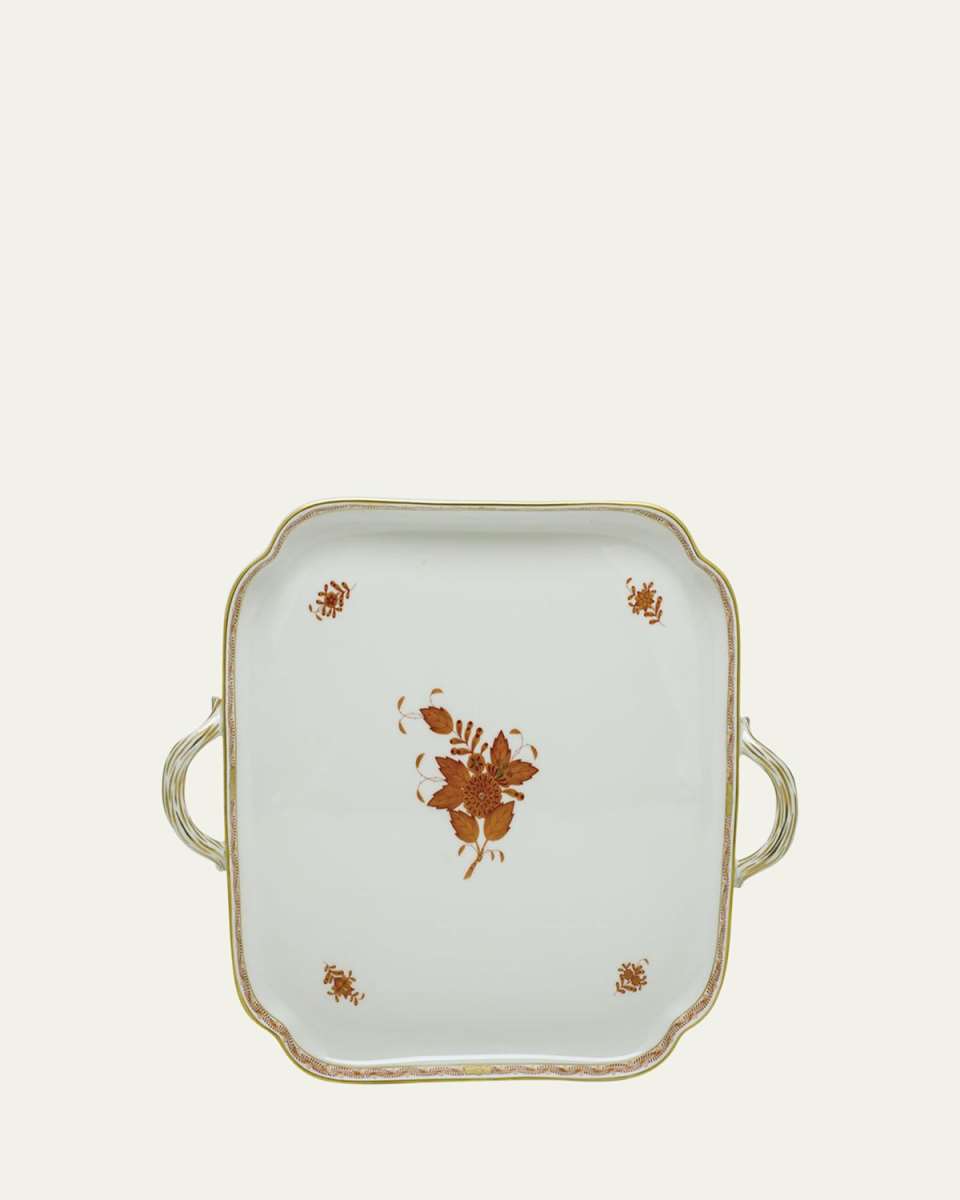 Chinese Bouquet Rust Square Tray with Handles